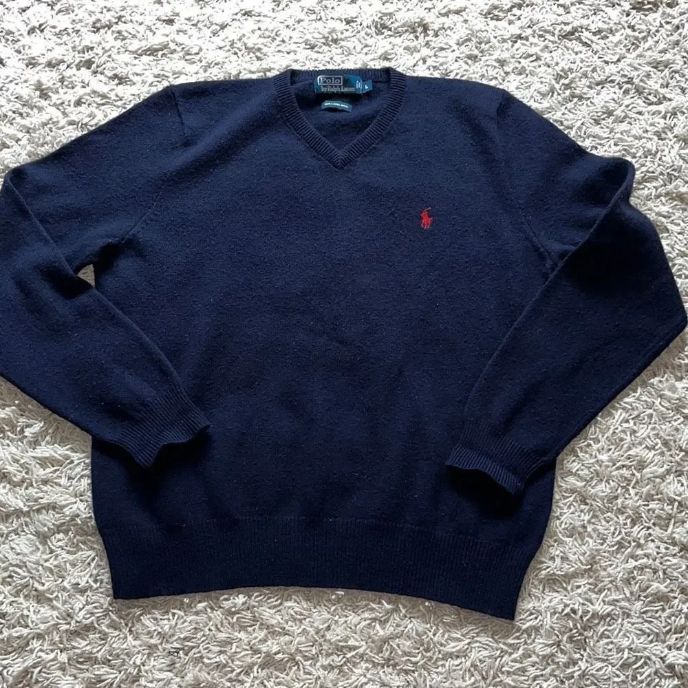 POLO RALPH LAUREN Men's Pure Lambswool Warm Soft Navy V-neck Jumper, size L